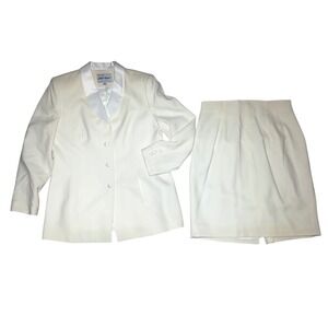 Lord & Taylor American Petite Cream White 100% Wool Skirt Suit Satin Trim 14P